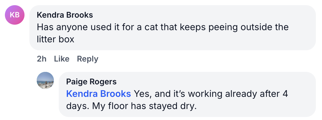 Facebook comments discussing a solution for a cat peeing outside the litter box.