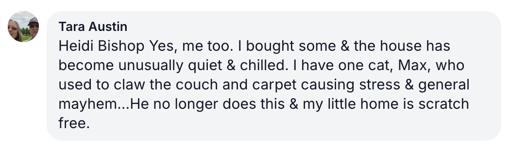 A testimonial from Tara Austin about how her home is now scratch-free, thanks to a recent purchase.