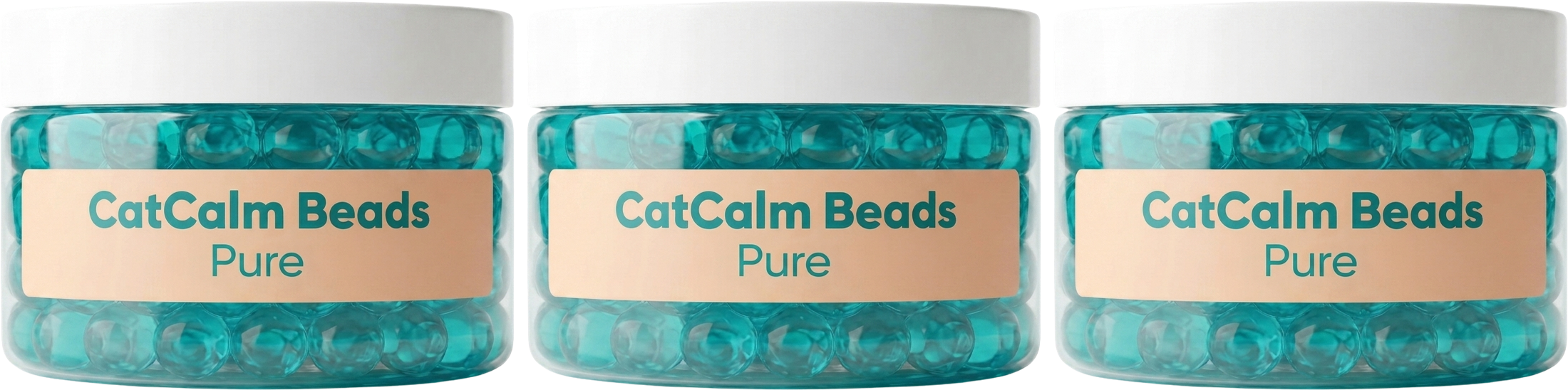 Three identical clear jars with white lids, filled with translucent teal beads, labeled 'CatCalm Beads Pure'.