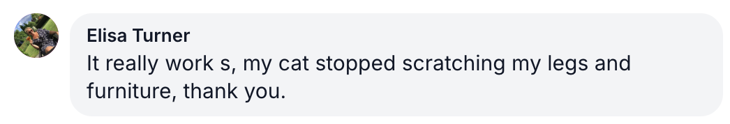 A screenshot of a customer review from Elisa Turner about her cat no longer scratching her legs.