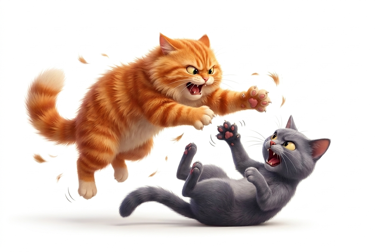 A cartoon illustration of a fluffy orange cat pouncing on a smaller grey cat against a white background.