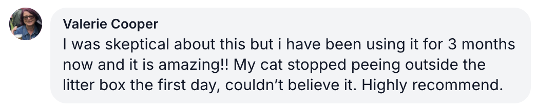 Text review with profile picture praising a product for stopping a cat's litter box issues.