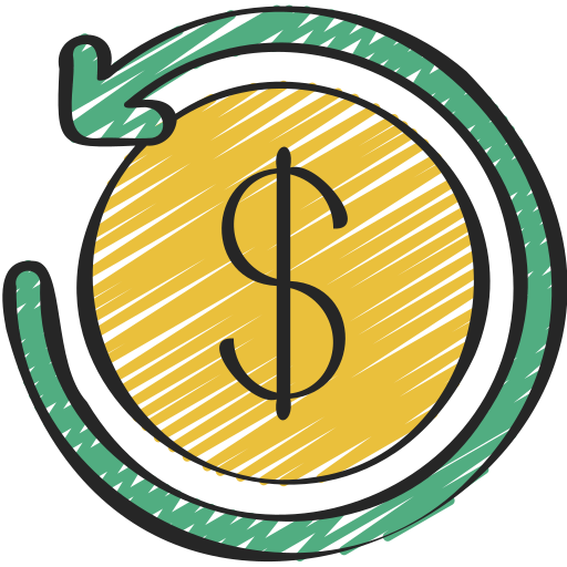 A sketch-style icon of a dollar coin with a circular green arrow around it, symbolizing a transaction or refund.