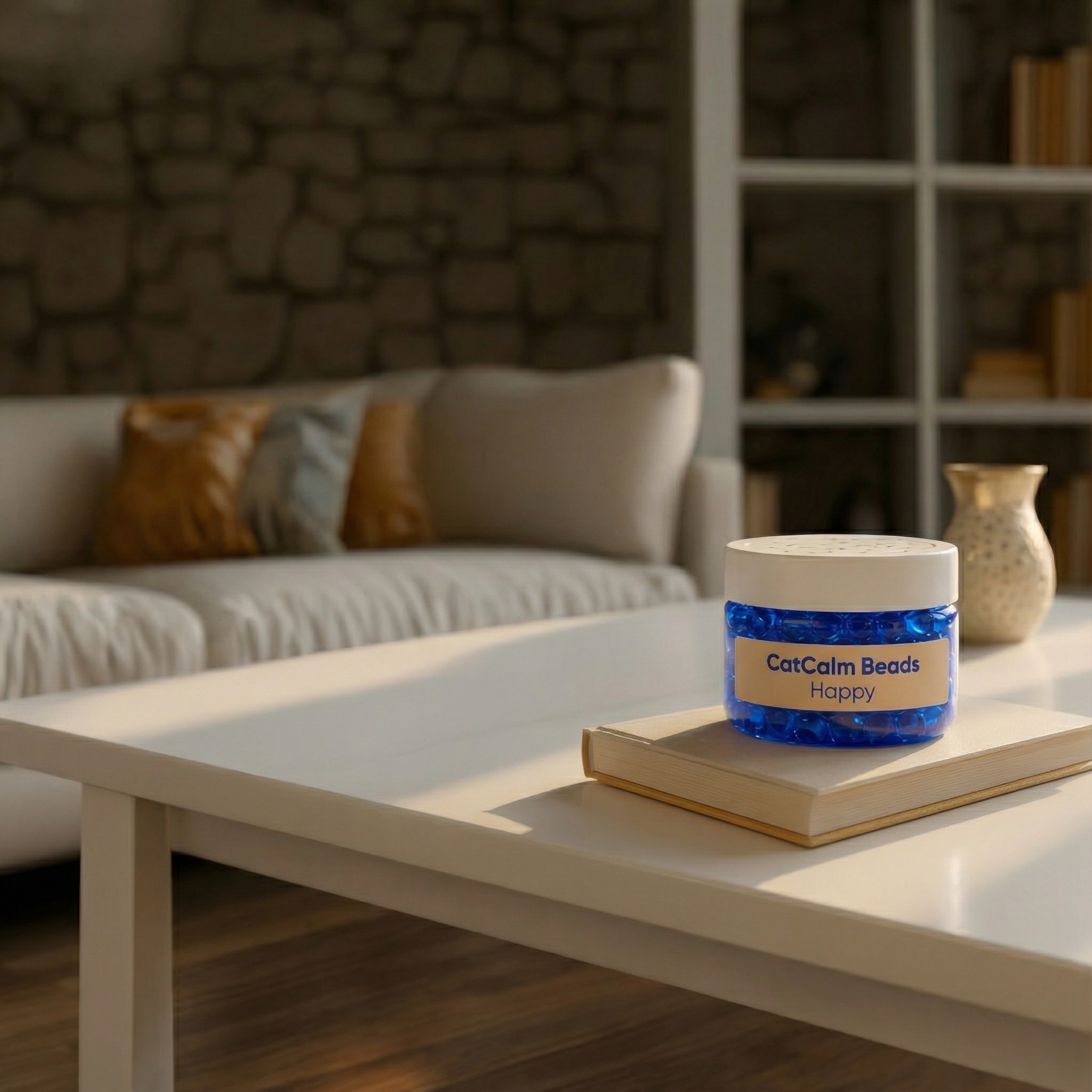 A jar of CatCalm Beads sits on a book on a white coffee table in a living room.