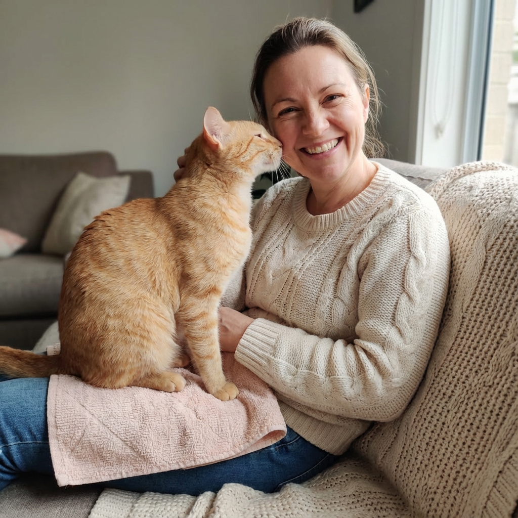 A smiling woman sits on a couch while an orange tabby cat on her lap nuzzles her cheek.