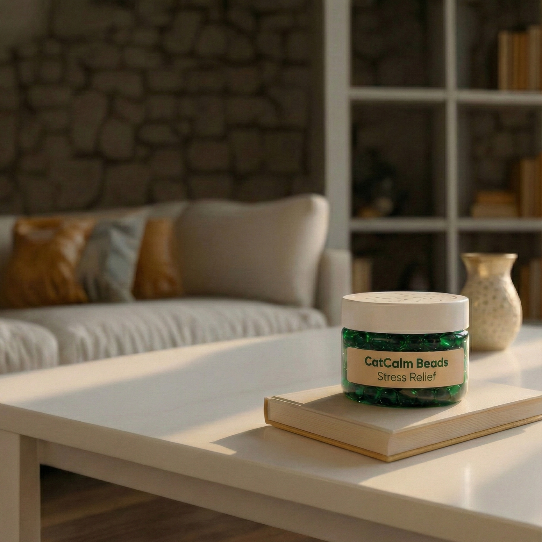 A jar of CatCalm Beads for stress relief sits on a book on a white coffee table.
