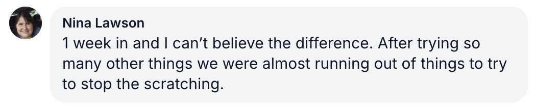 A testimonial from Nina Lawson, with her profile picture and text about a product's effectiveness against scratching.