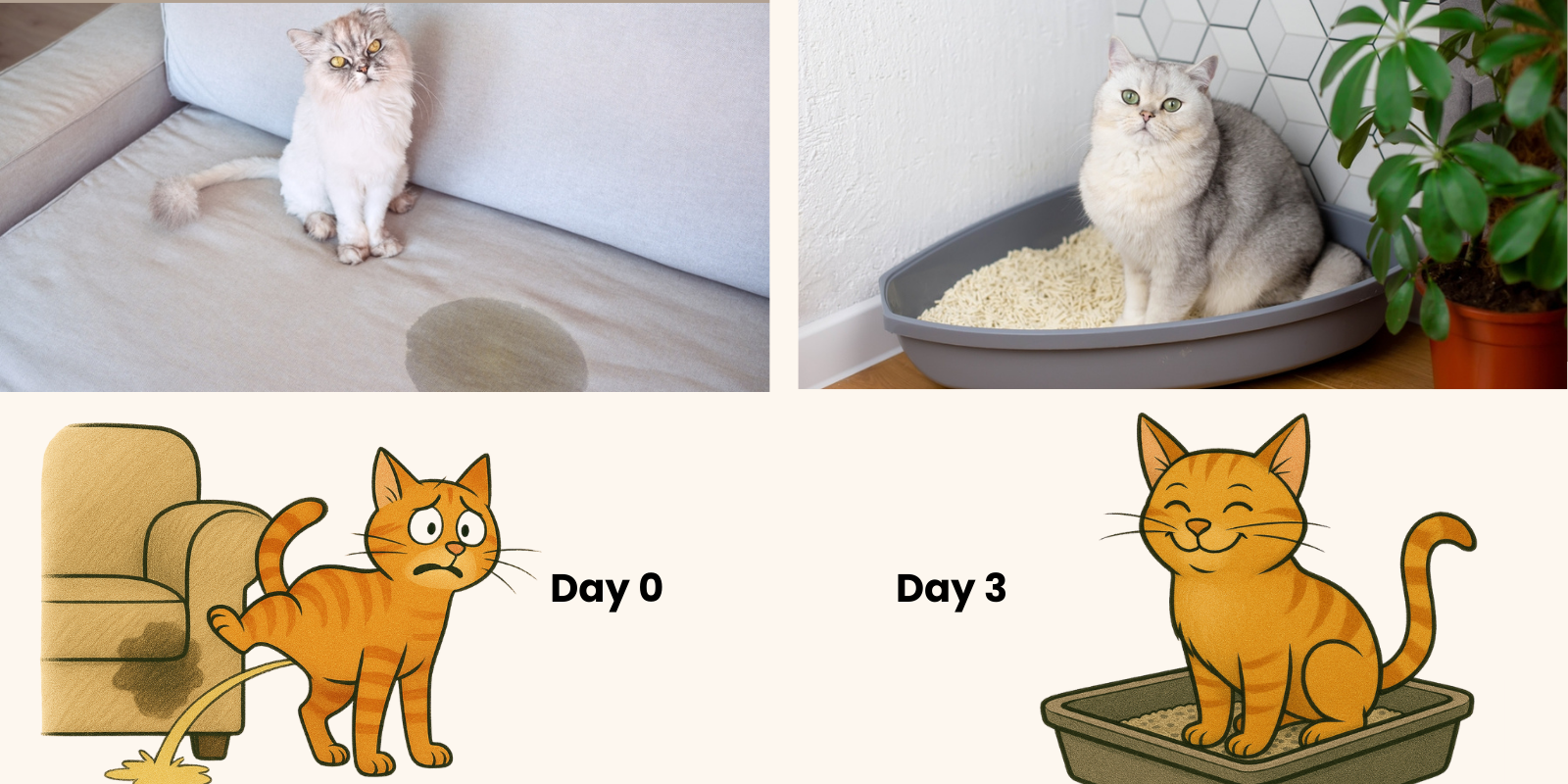 Two cats, one on a couch with a stain, another in a litter box; cartoon cat progression.