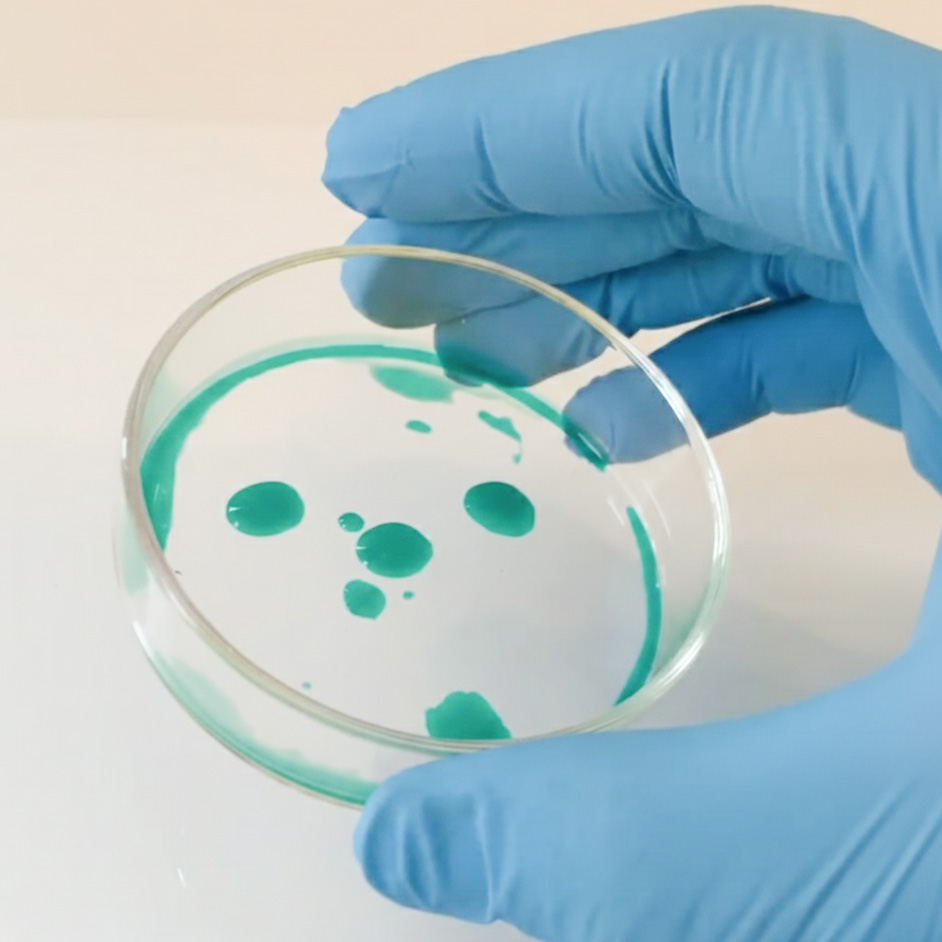 A hand in a blue glove holds a petri dish with drops of teal liquid.