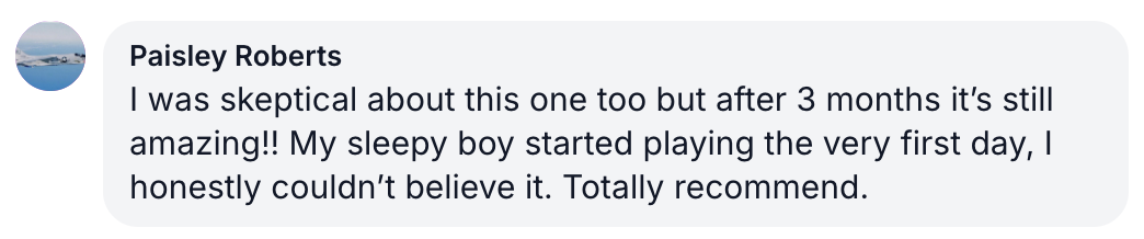 A customer review from Paisley Roberts who says a product is amazing and totally recommends it.