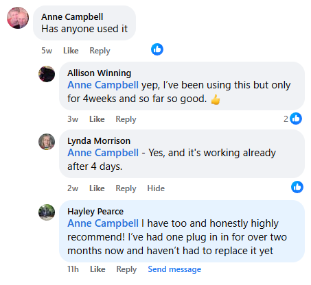 Facebook comment thread discussing experiences with a product.