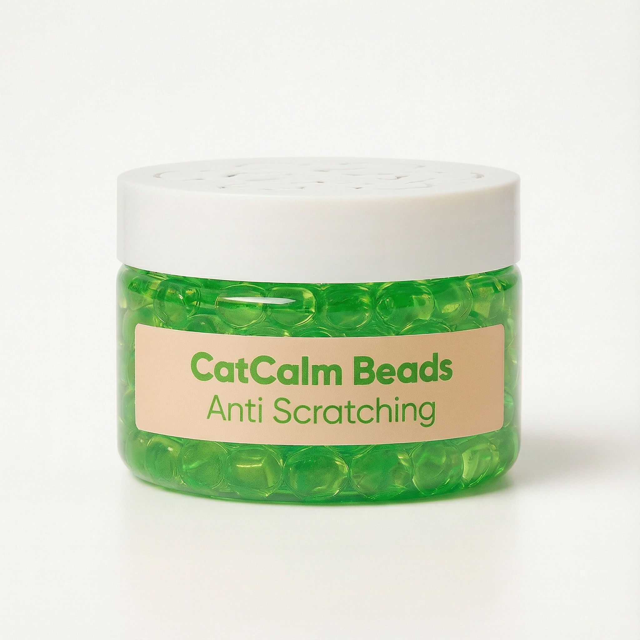 A jar of CatCalm Beads Anti Scratching, which are small green gel-like beads.