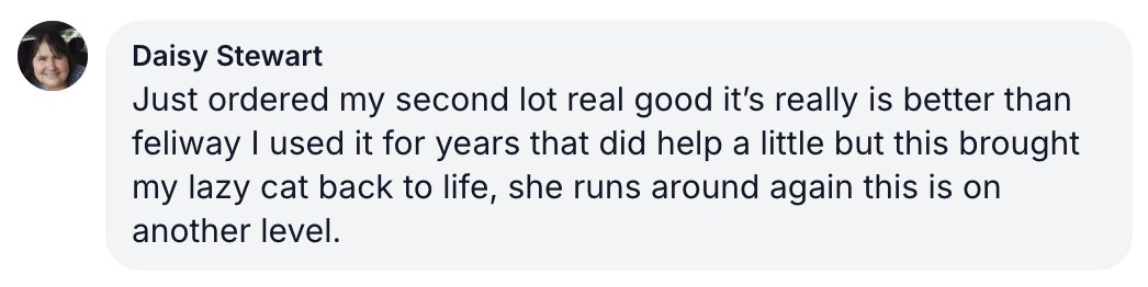 Social media post praising a product for reviving a lazy cat.