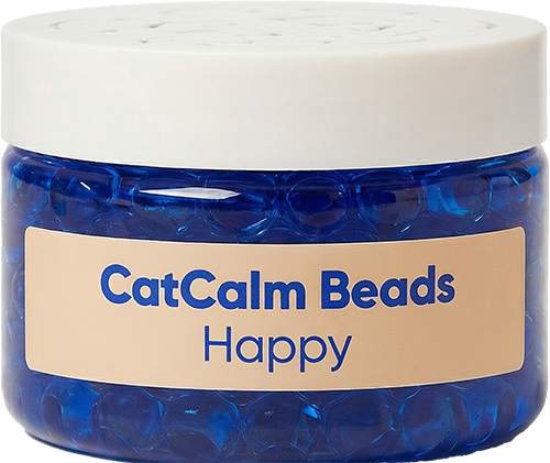 A jar of CatCalm Beads Happy, filled with translucent blue beads and topped with a white lid.