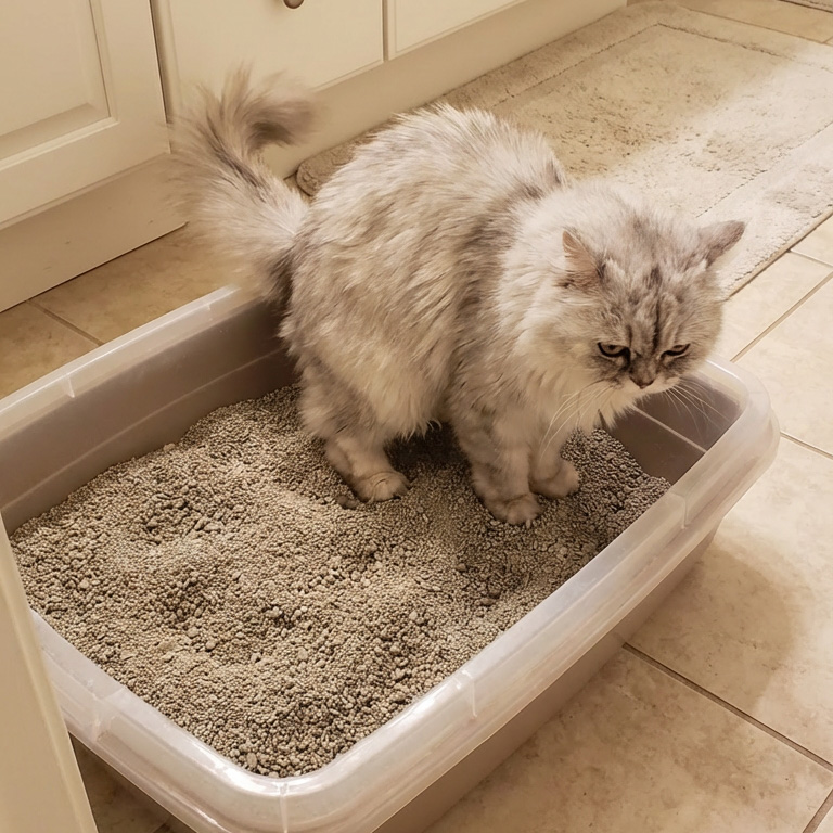 A fluffy, long-haired grey and white cat standing in a litter box on a tiled floor.