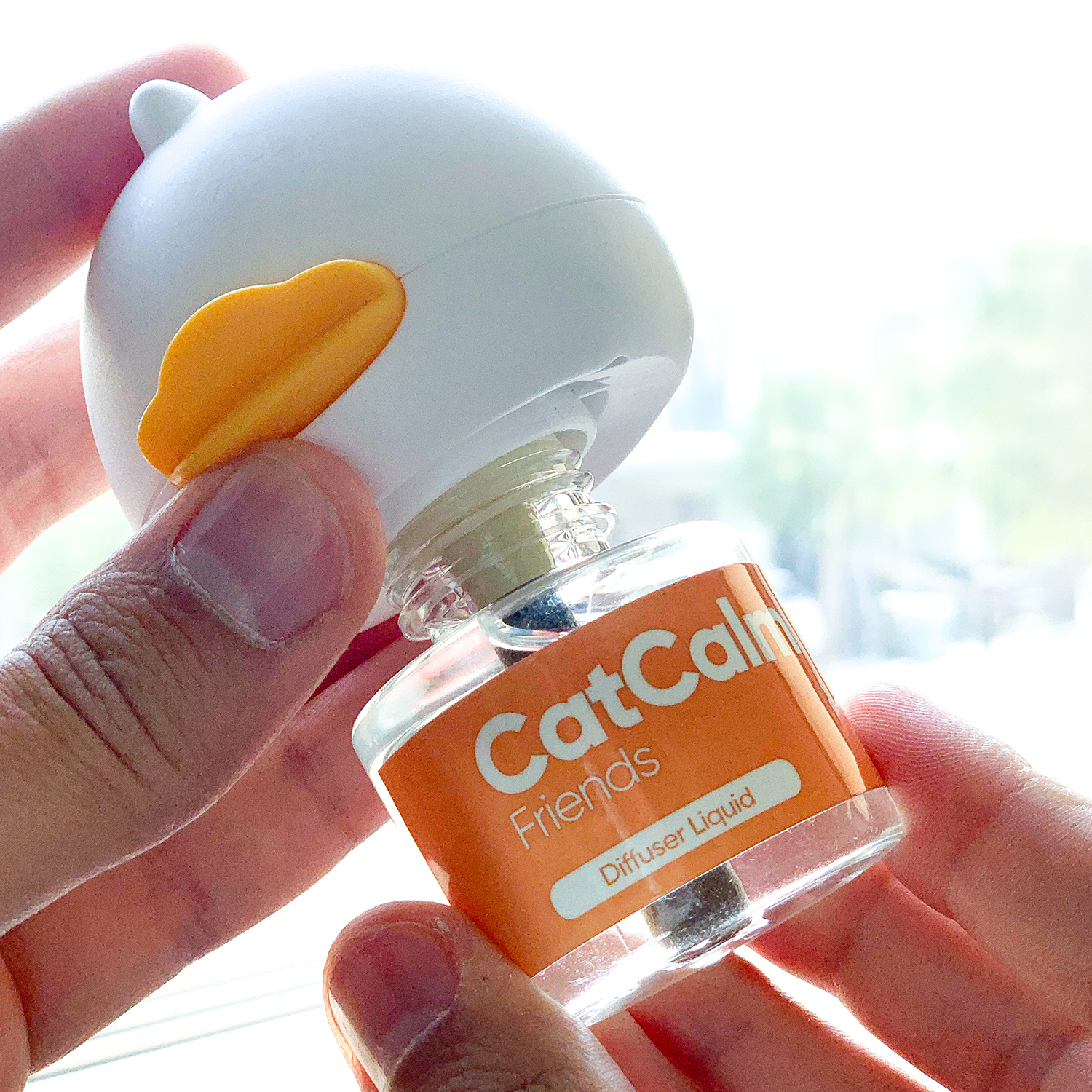 Hands holding a CatCalm diffuser liquid bottle with a white cap.