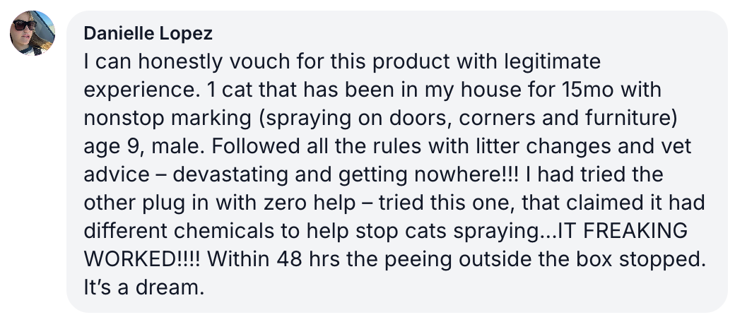 A screenshot of a positive customer review from Danielle Lopez about a product for cats.