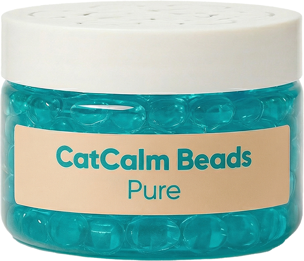 A clear plastic jar with a white lid filled with turquoise beads, labeled 'CatCalm Beads Pure'.
