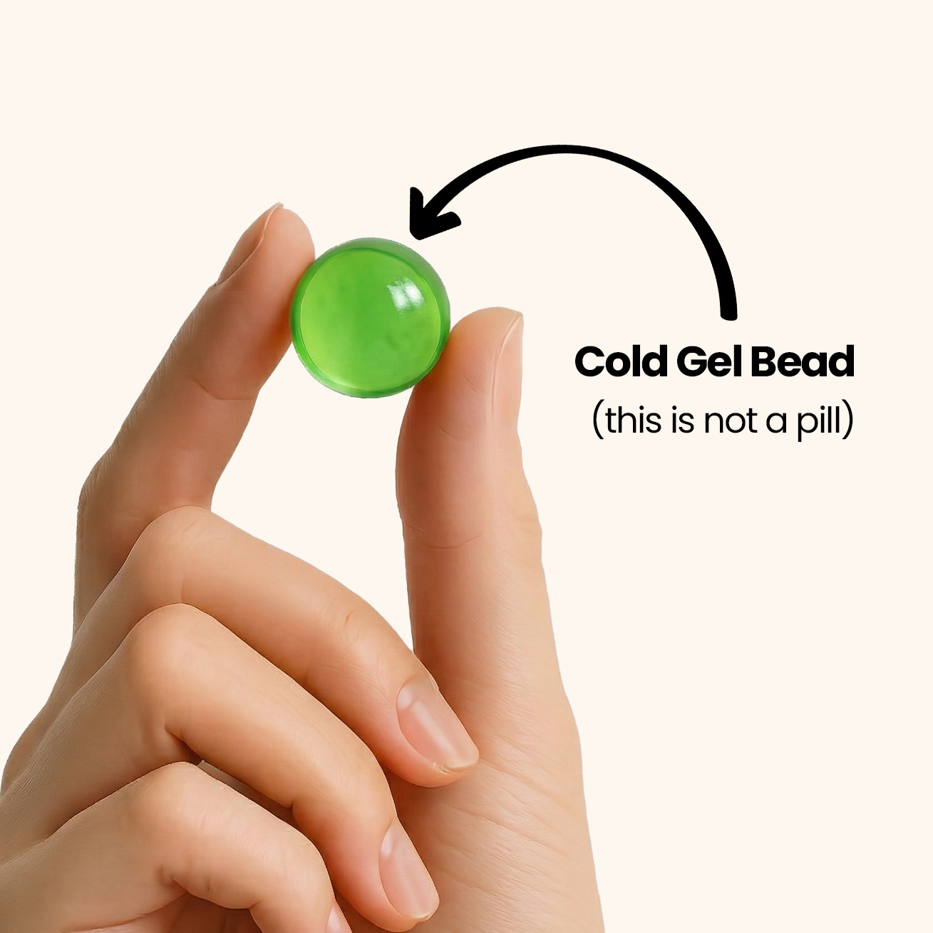 A hand holds a small, translucent green gel bead, with text identifying it as a cold gel bead.