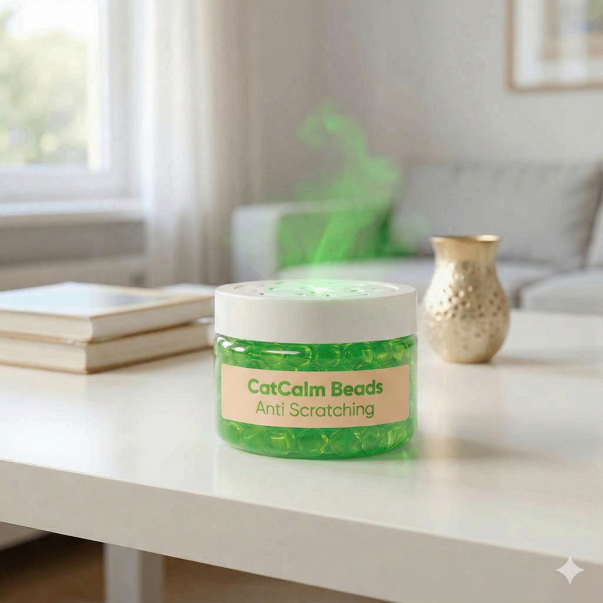 Jar of green CatCalm Beads on a white table in a living room.