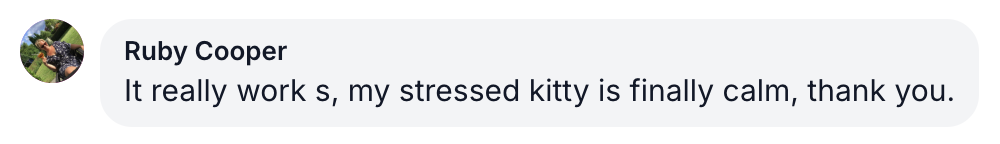 A customer review from Ruby Cooper saying 'It really work s, my stressed kitty is finally calm, thank you.'