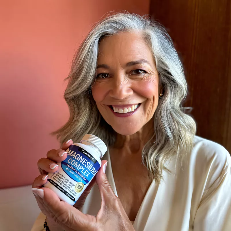 Smiling person holding a bottle of magnesium complex supplement.