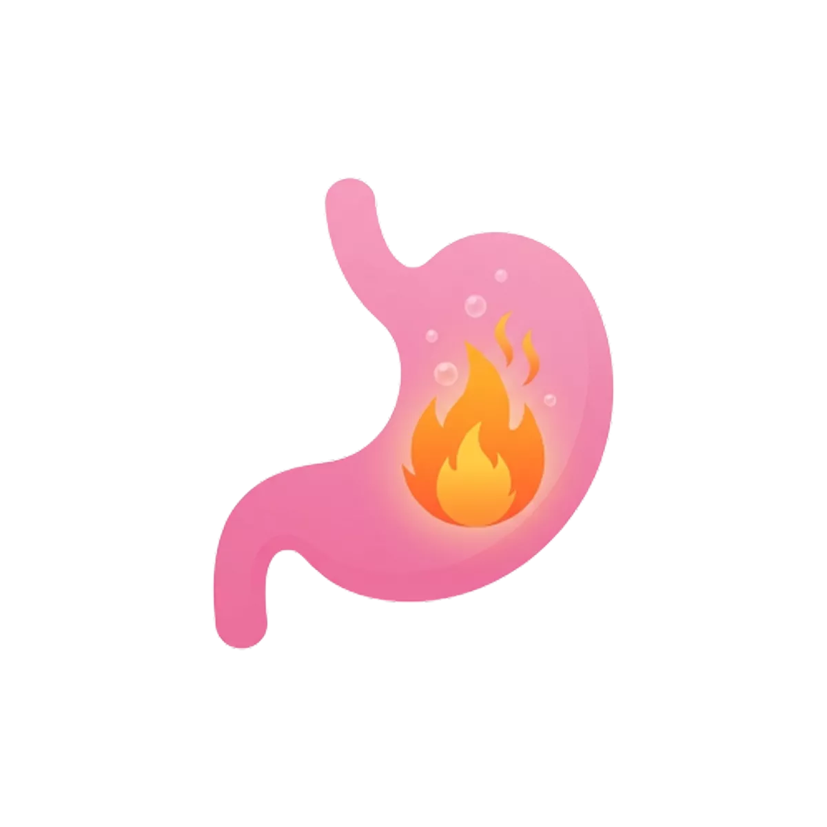 Illustration of a pink stomach with a flame symbol inside.