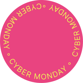 Pink circle with yellow text 'Cyber Monday' around the edge.