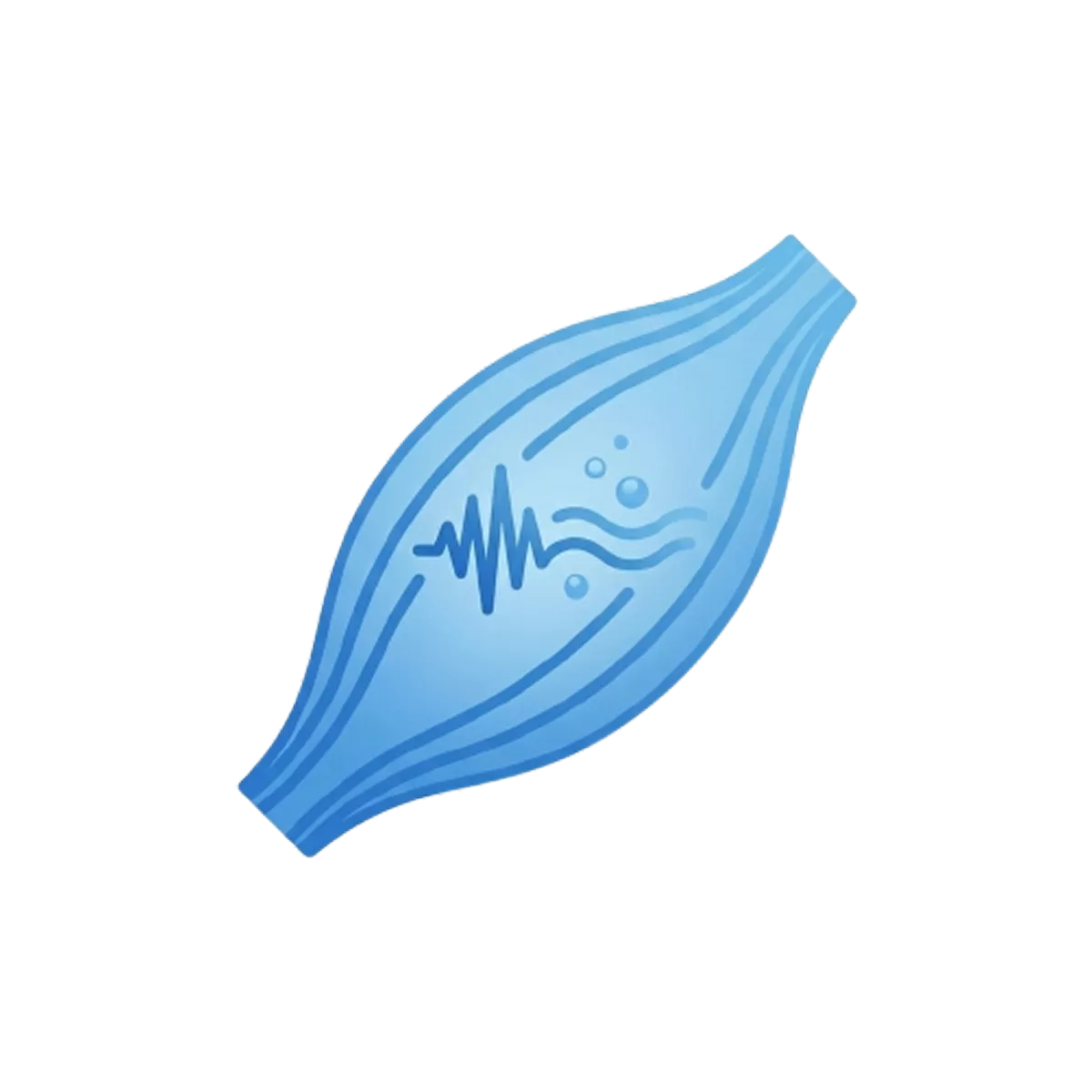 Blue stylized muscle icon with wave pattern inside.