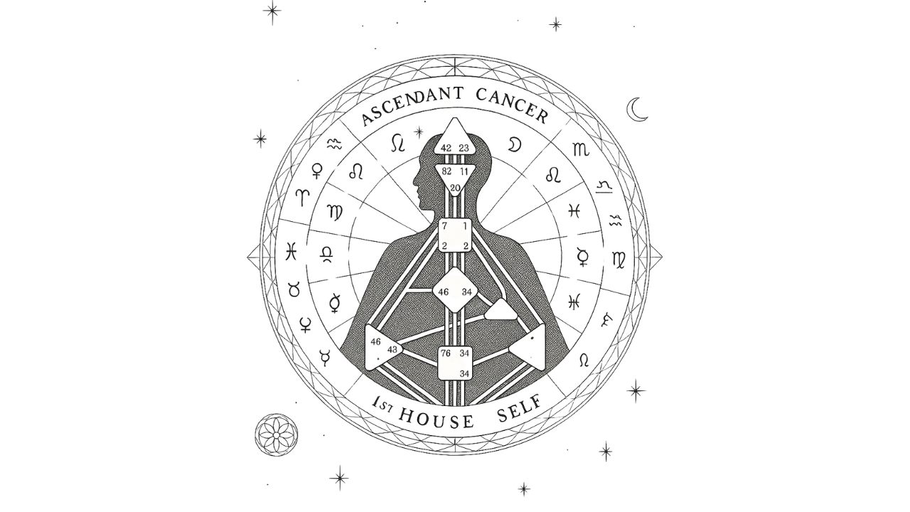Astrological chart with zodiac symbols and human silhouette.