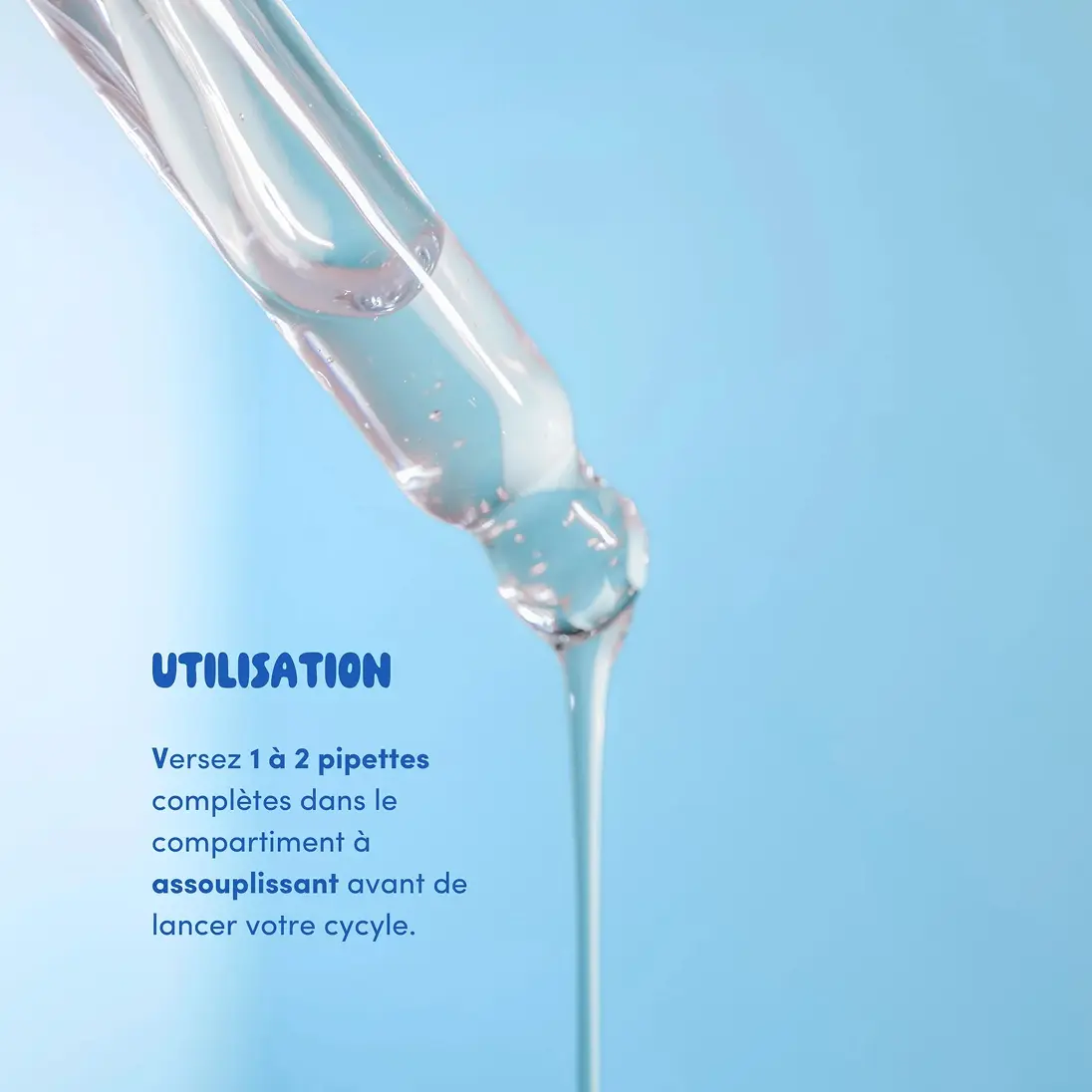 A close-up of a clear liquid being dispensed from a glass dropper against a blue background with French text.