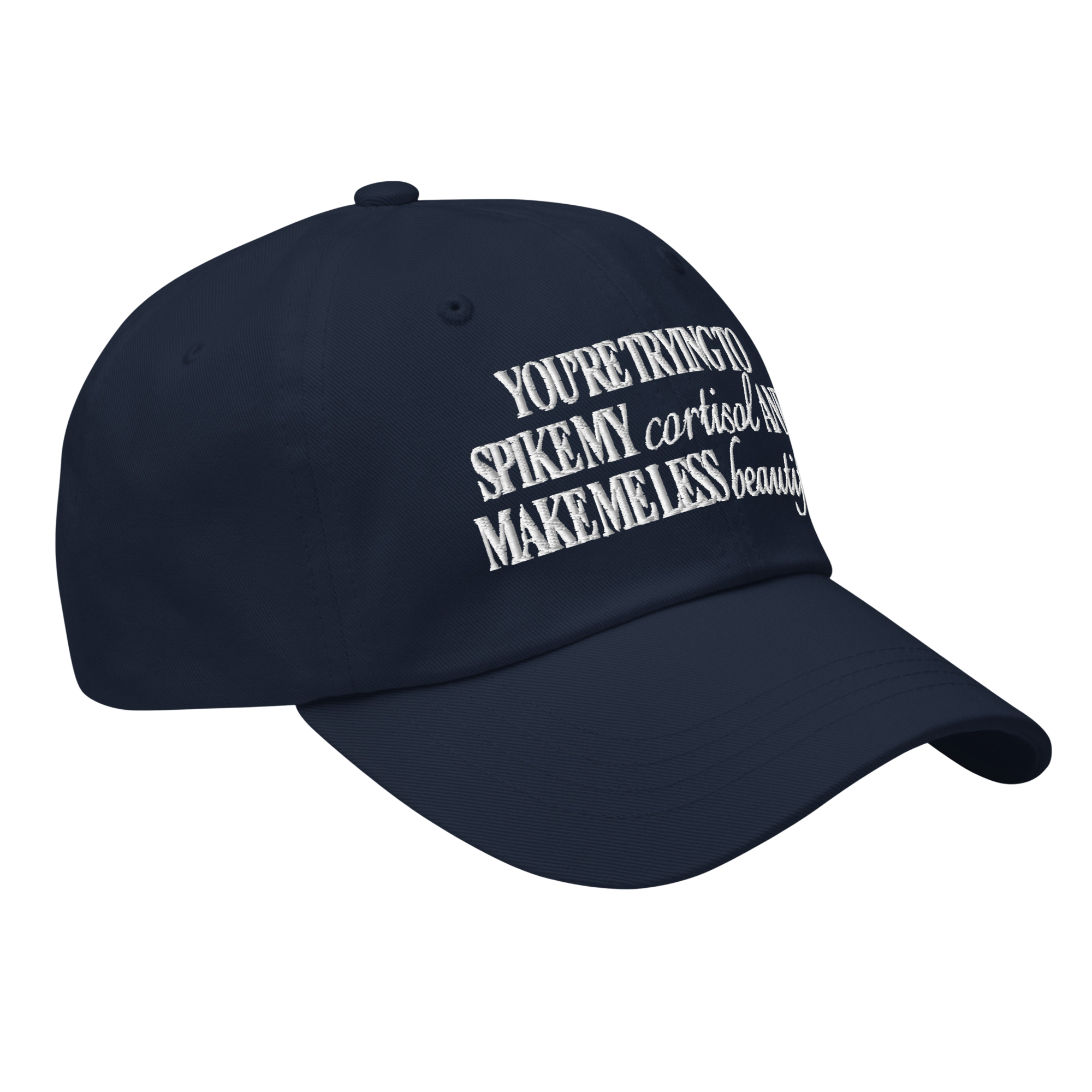 A navy blue baseball cap with white embroidered text on the front against a white background.