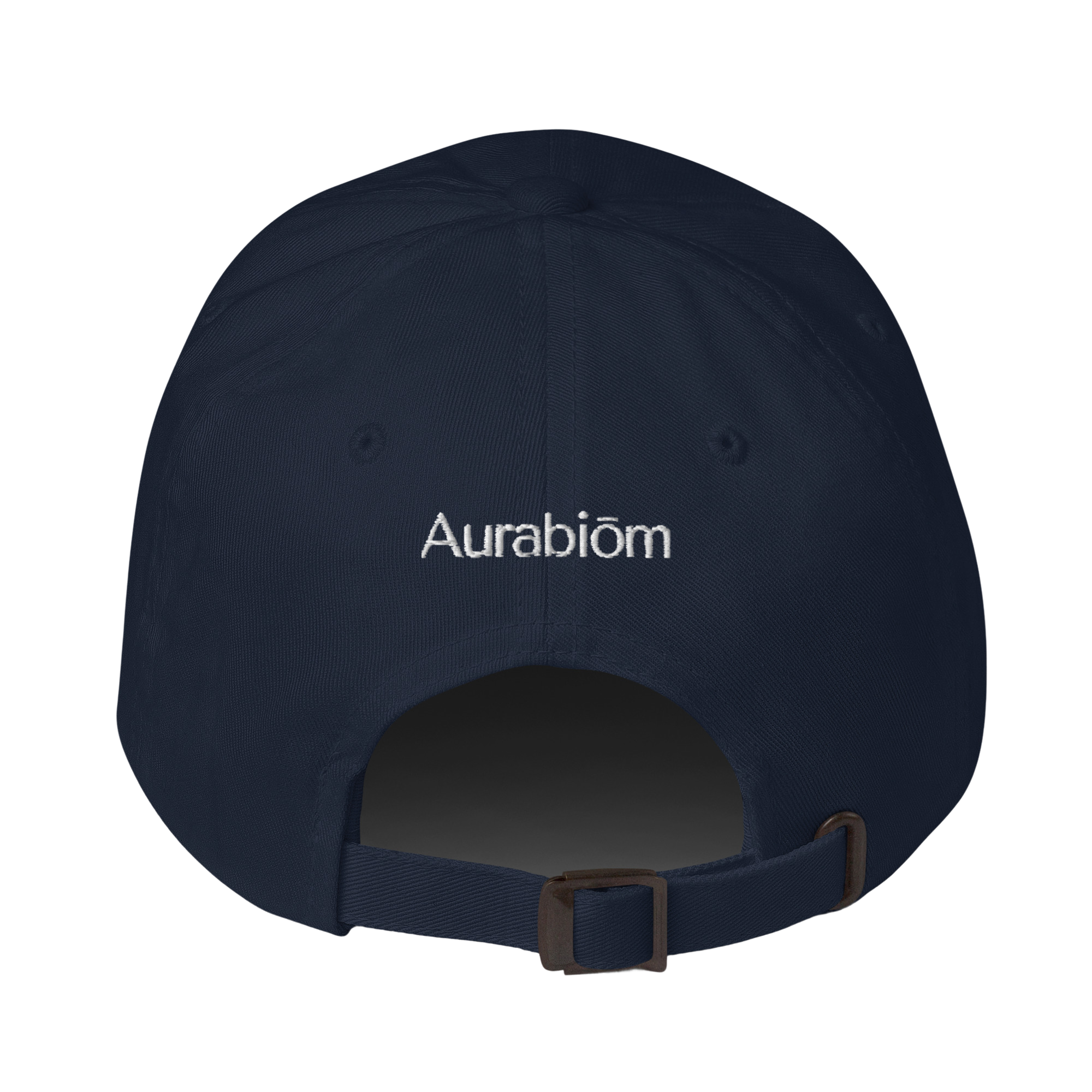The back of a navy blue baseball cap with the word 'Aurabiōm' embroidered in white.