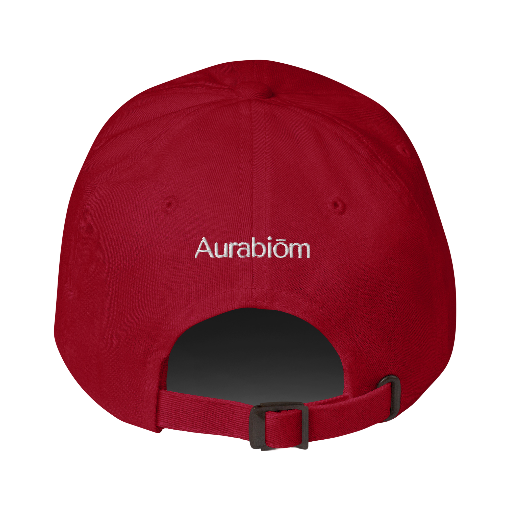 The back of a red baseball cap with 'Aurabiōm' embroidered in white, shown on a white background.