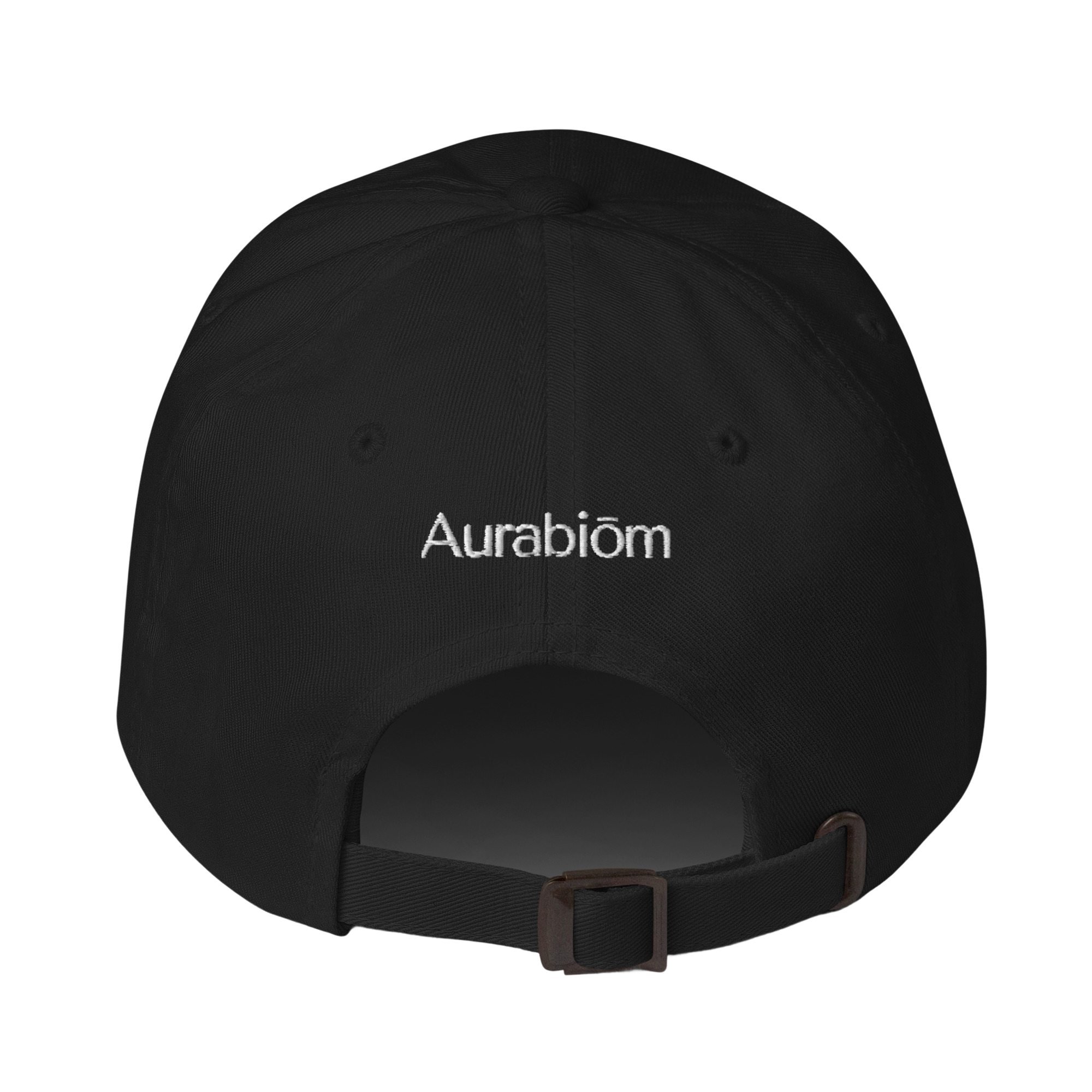 The back of a black baseball cap with 'Aurabiōm' embroidered in white above the adjustable strap.