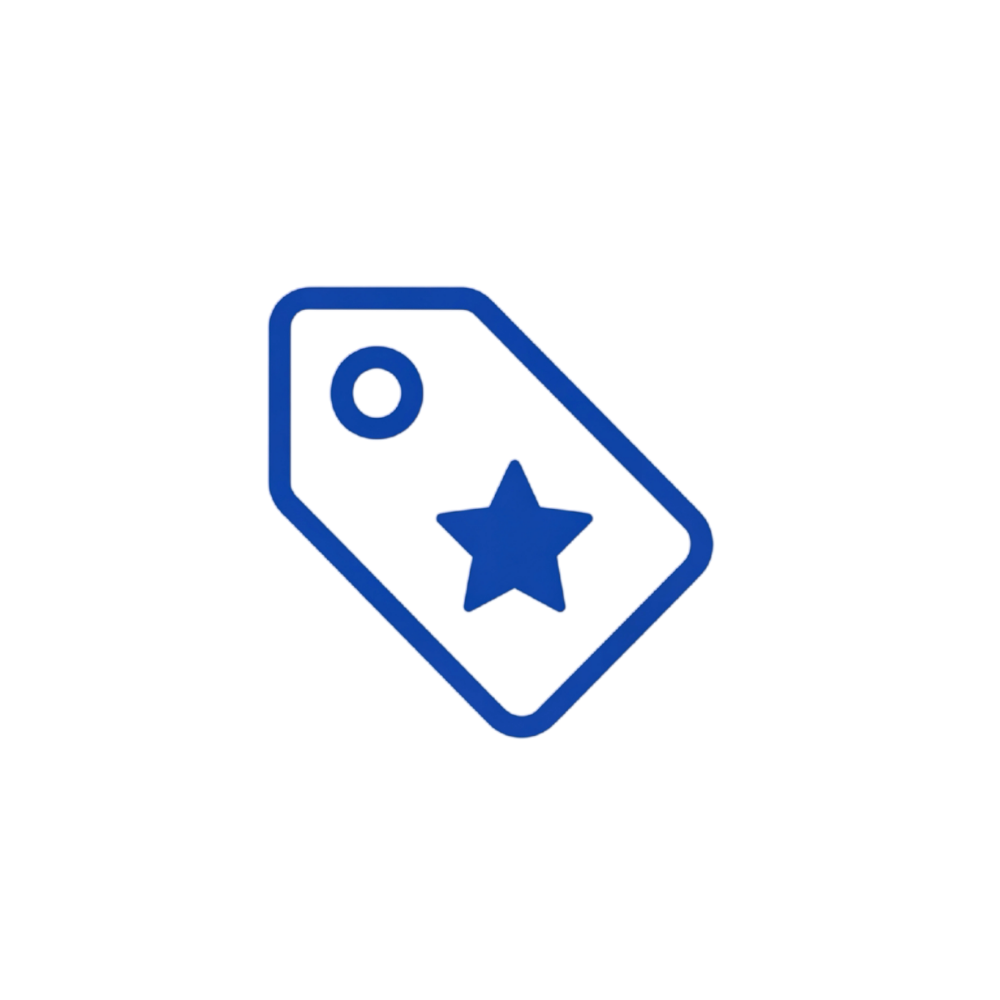 A blue icon of a tag with a star inside it.