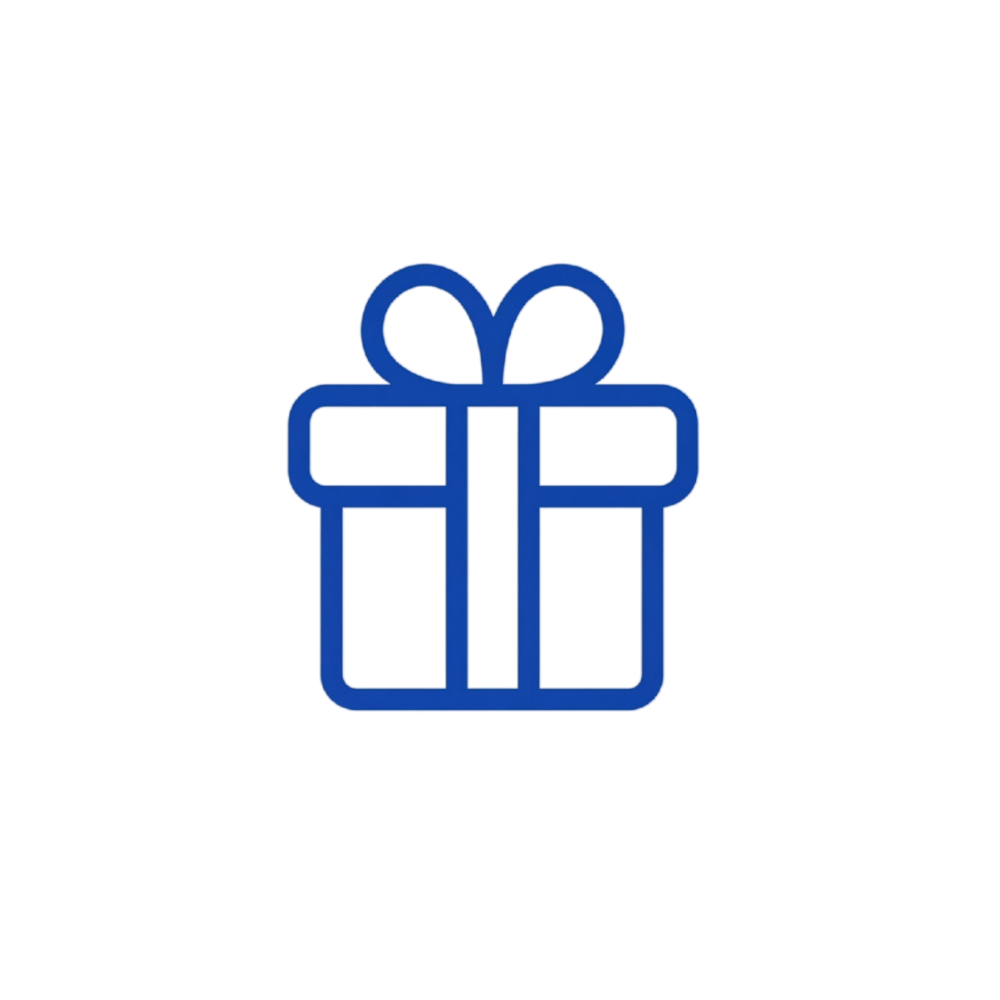 A blue line icon of a gift box with a ribbon and bow on a white background.
