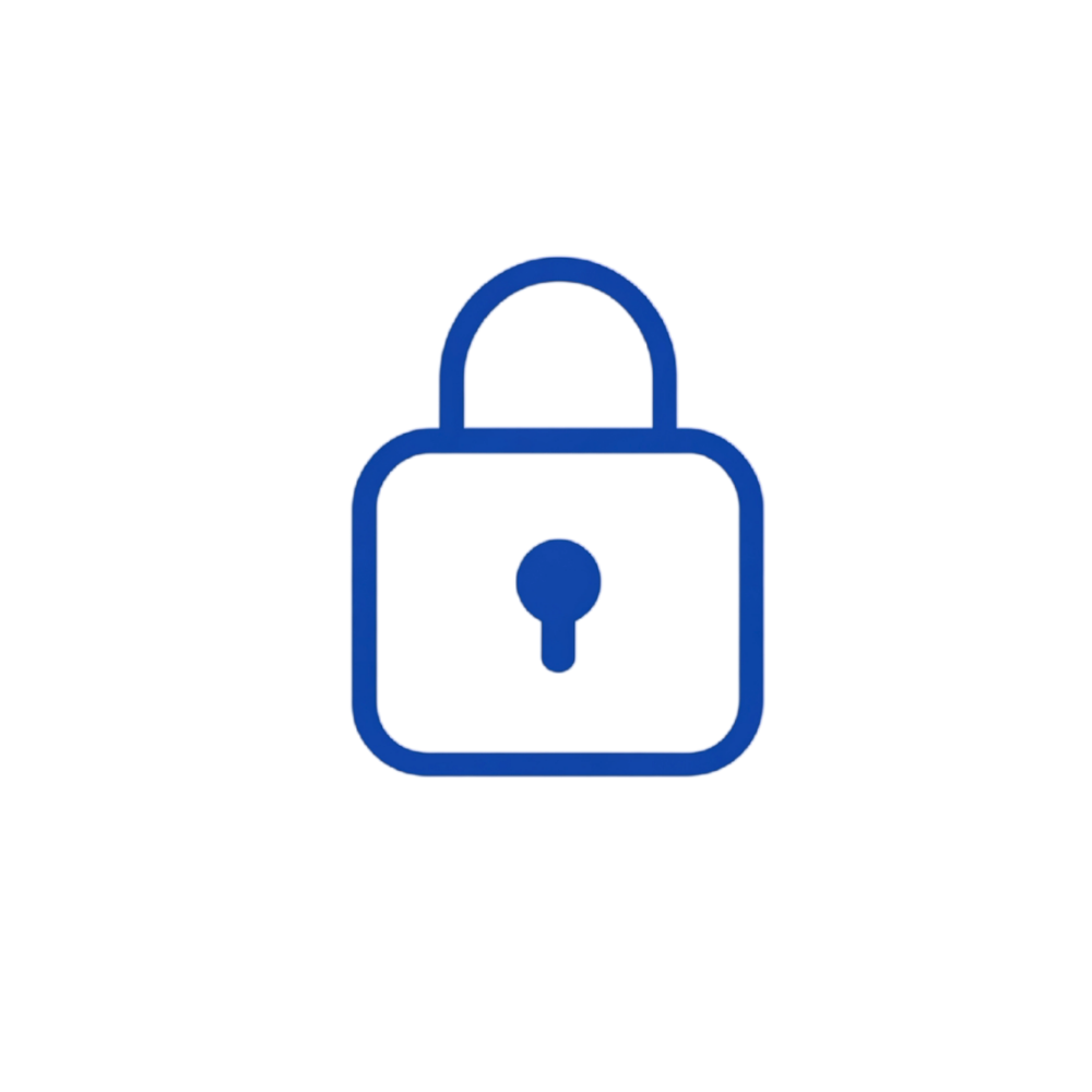 A blue icon of a closed padlock on a white background.