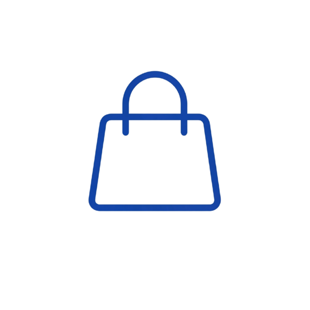 A blue outline of a shopping bag icon on a white background.