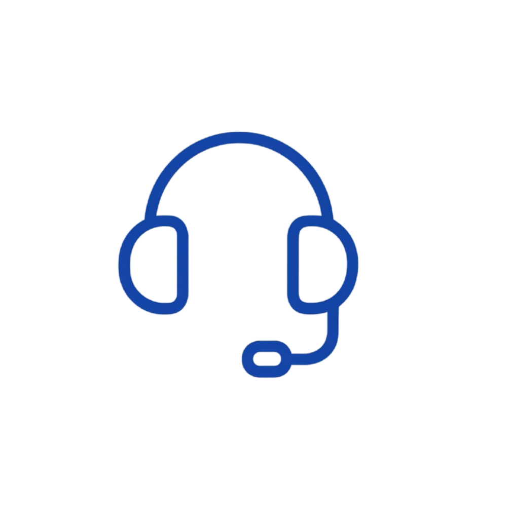A blue line-art icon of a headset with a microphone on a white background.
