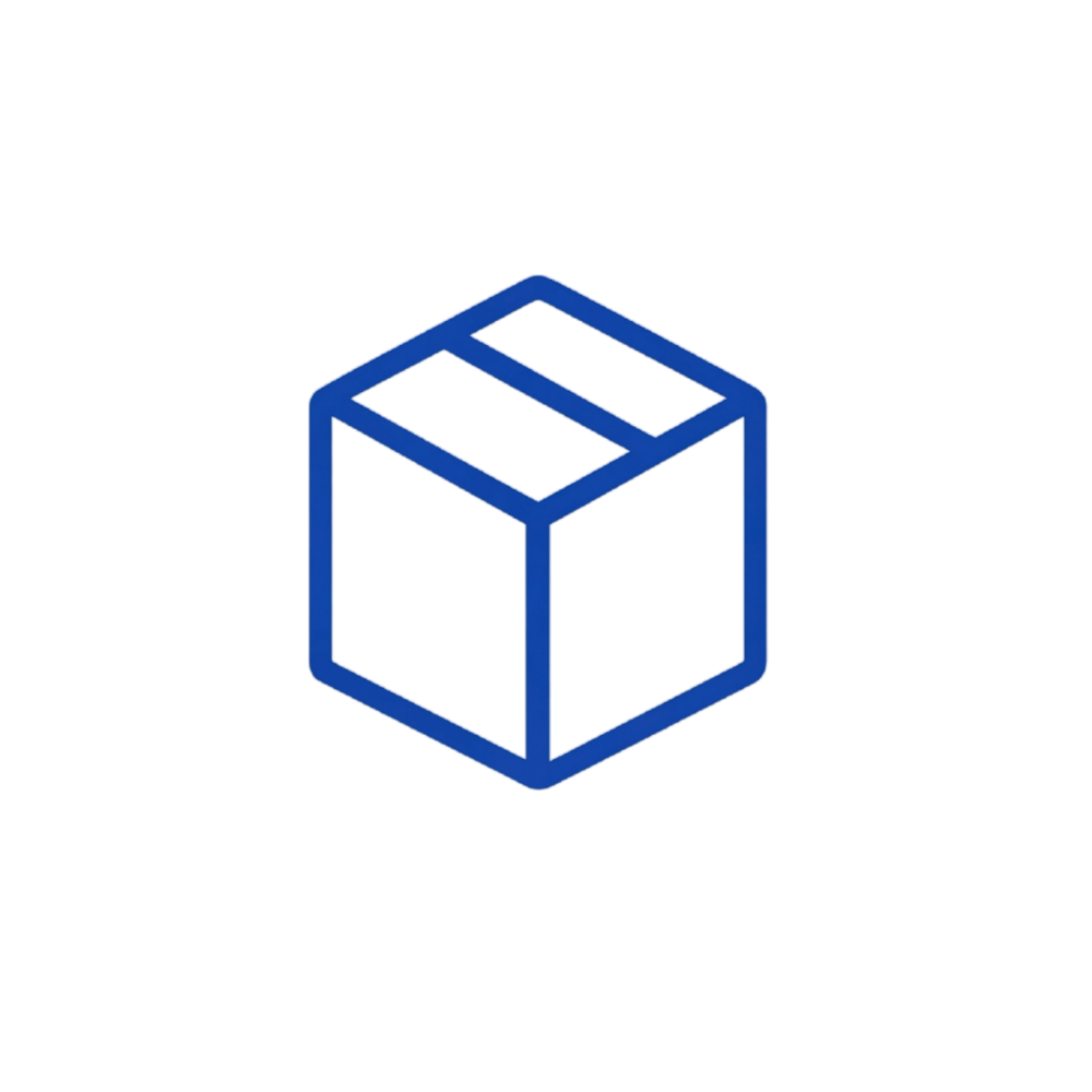 A blue line icon of a sealed cardboard box on a white background.
