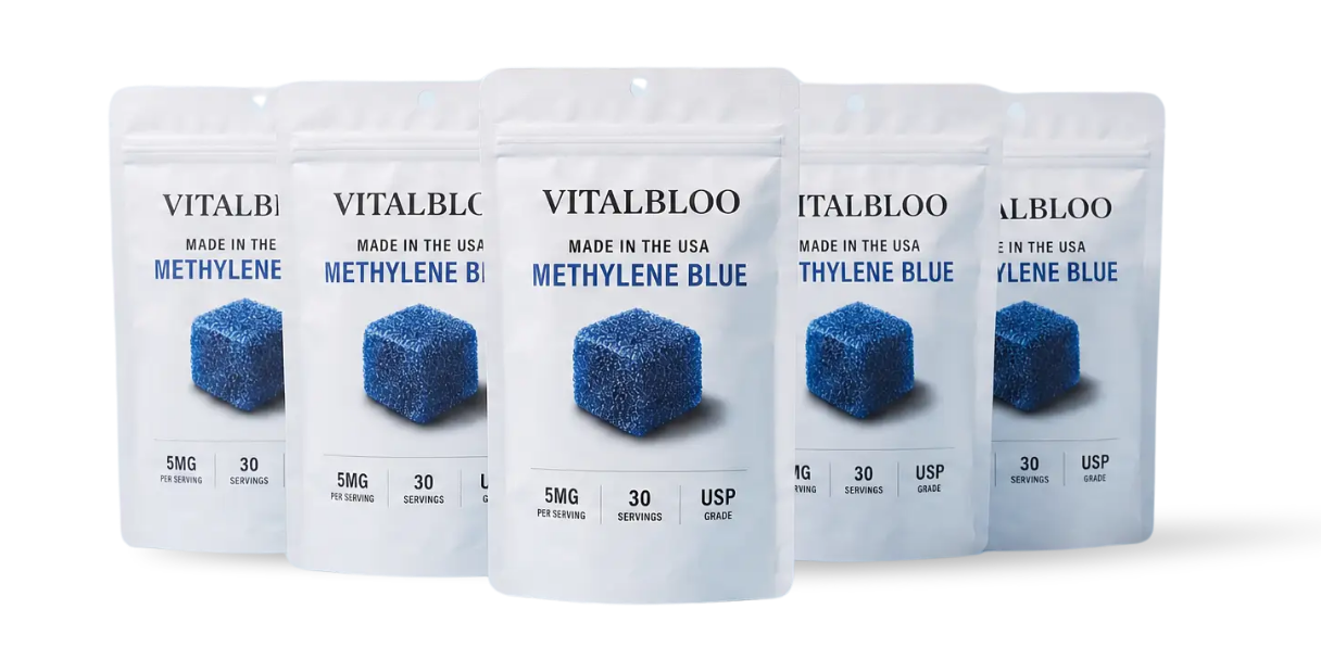 Five white pouches of Vitalbloo Methylene Blue supplements arranged in a row against a white background.