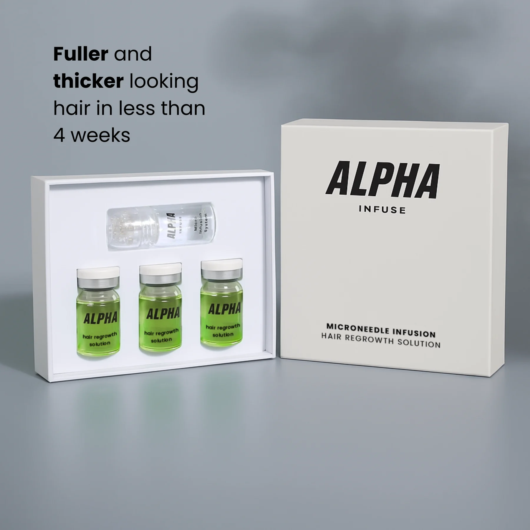 Box of hair regrowth solution with three green vials and a microneedle infusion bottle.