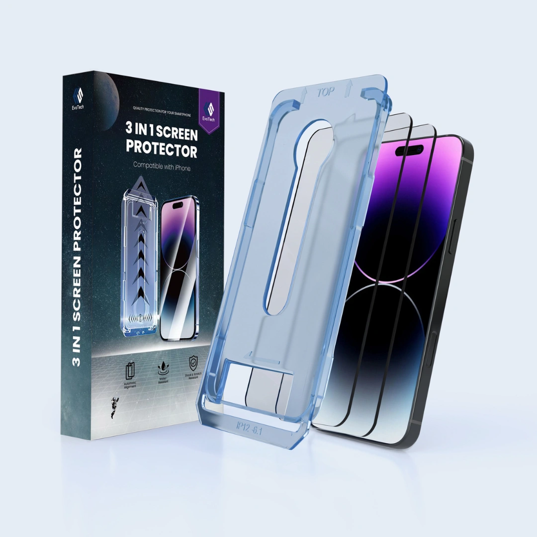 Phone screen protector packaging with a blue applicator and a smartphone.