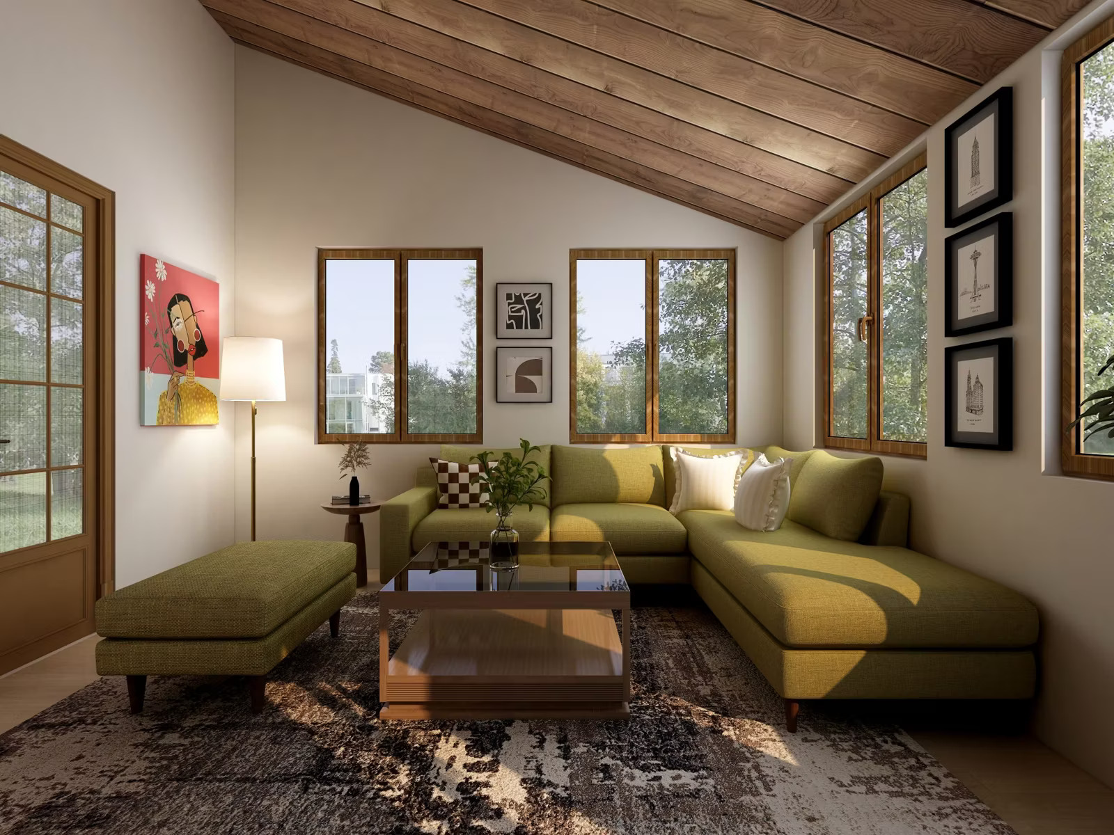 A sunlit living room with a green sectional sofa, a coffee table, and a sloped wooden ceiling.