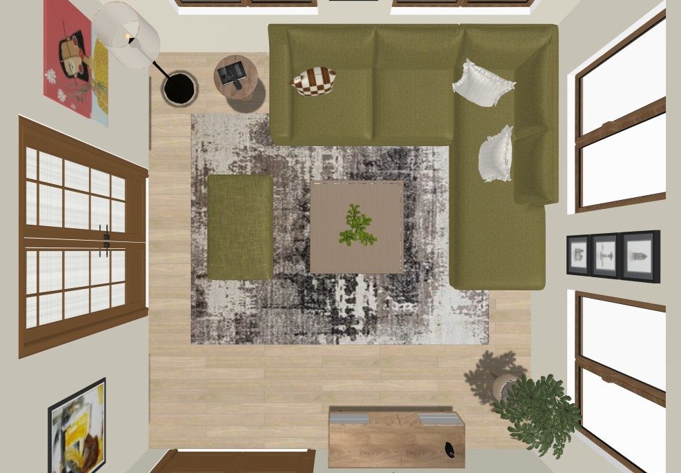 A bird's-eye view of a living room design plan with a green sectional sofa and abstract rug.