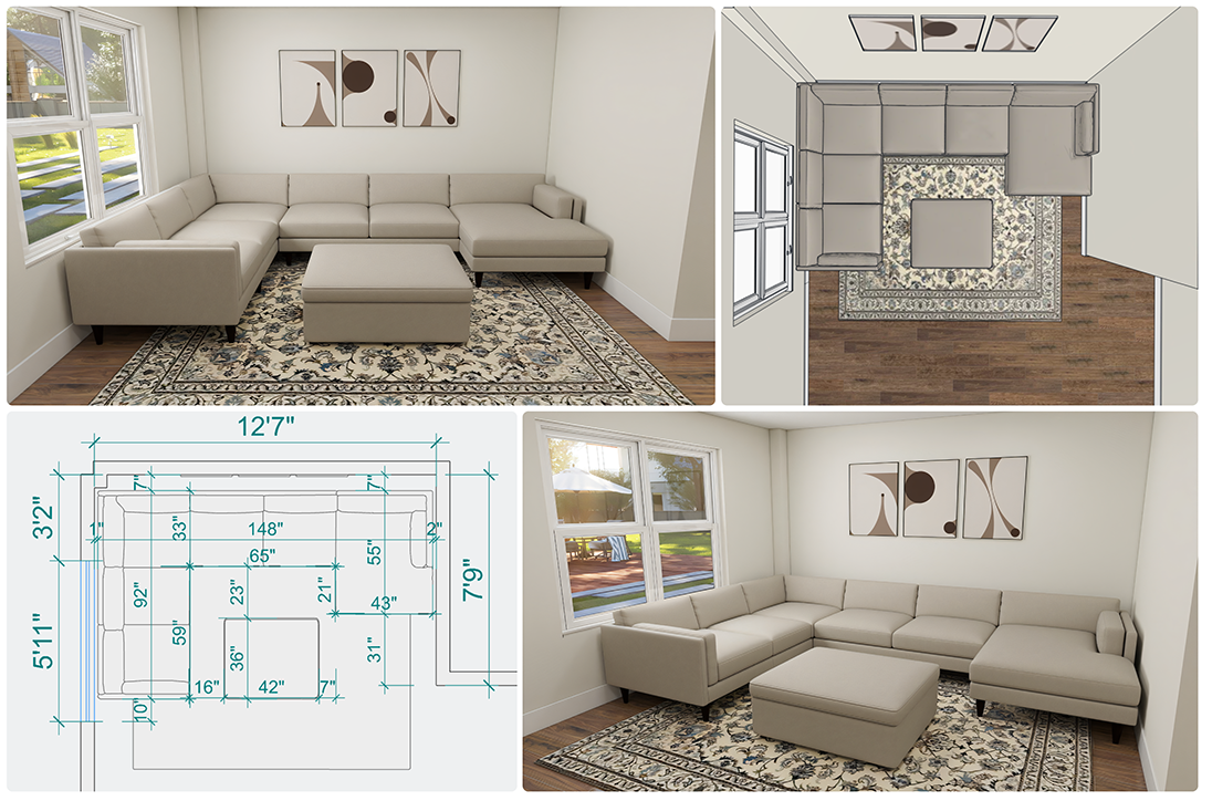 A four-panel image showing 3D renderings and a floor plan of a living room layout.