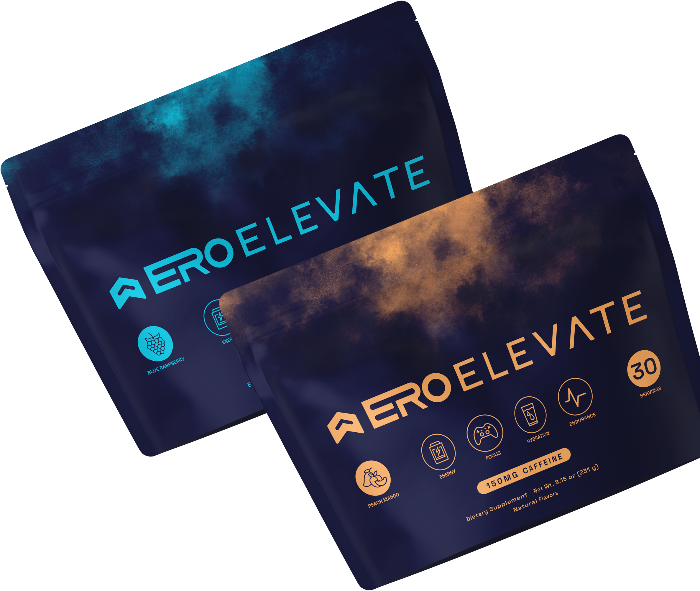 Two colorful AERO ELEVATE supplement packages with branding and nutritional information.