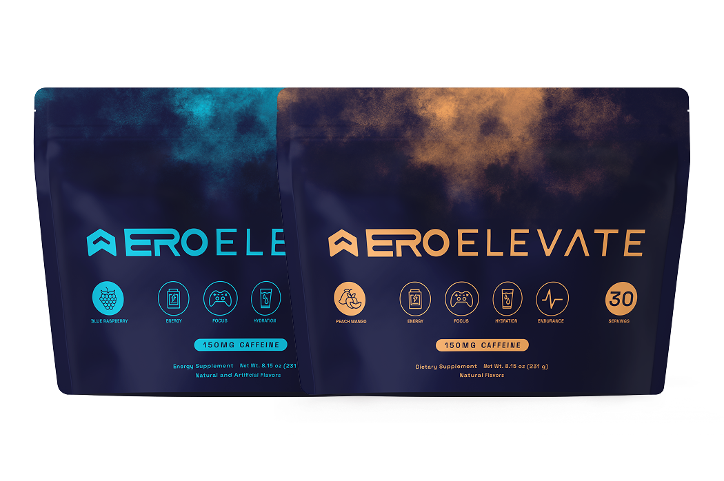 Two energy supplement pouches, labeled 'Ero Elevate,' with blue and orange themes.