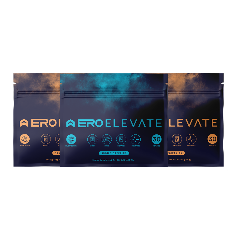 Three energy supplement pouches with branding and icons on dark backgrounds.